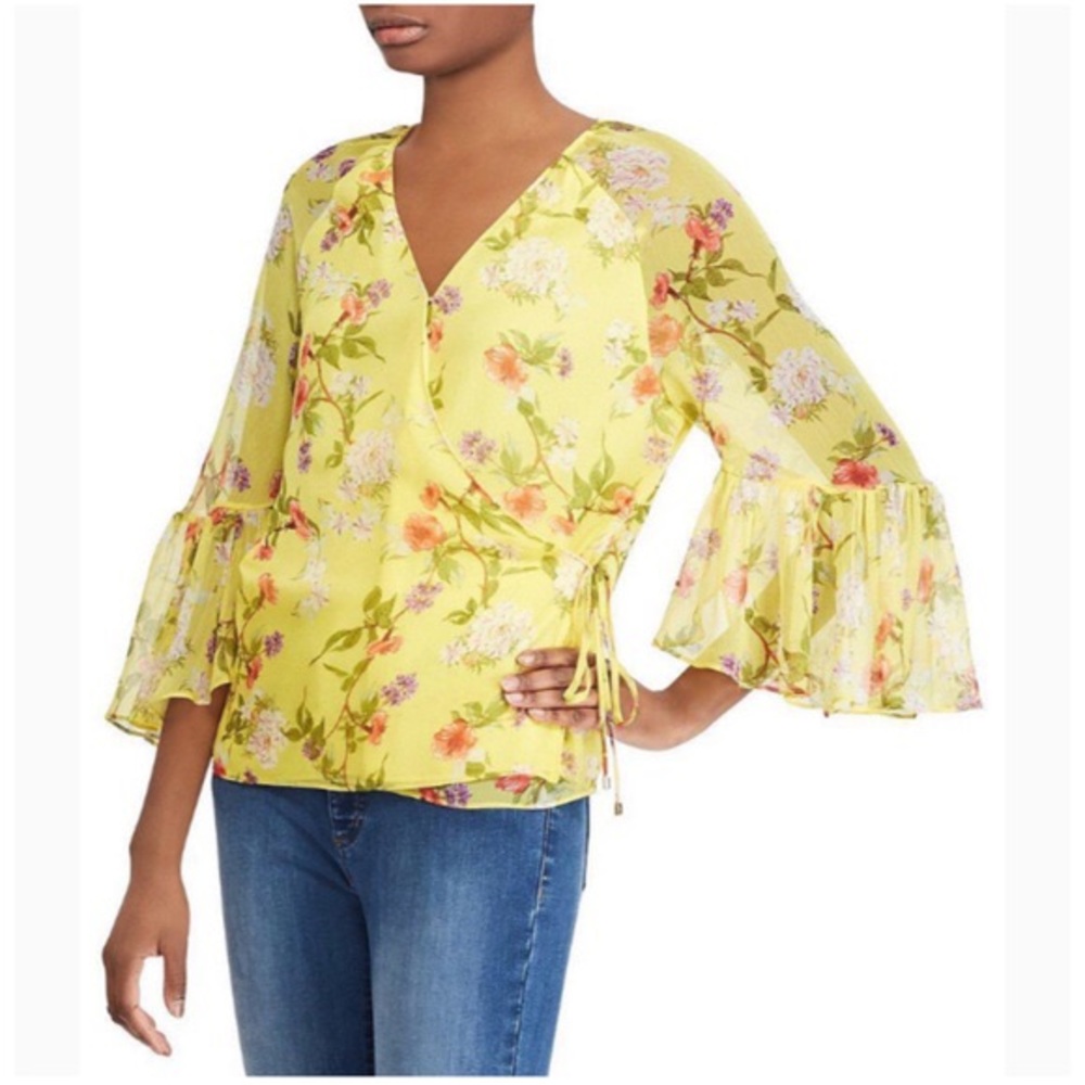 New Ralph Lauren yellow floral wrap blouse M